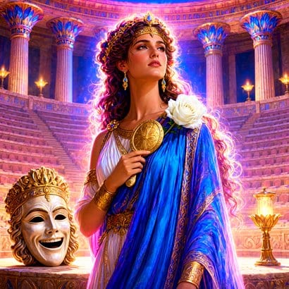 Helen of Sparta, bust portrait, golden mirror, rose chiton, sapphire himation, Egyptian palace